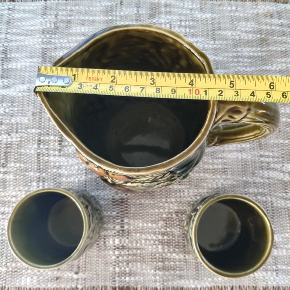 MCM Green Pitcher Set of 3 Reliefed Ceramic VTG Fruit Motif Pitcher and Tumblers - Picture 10 of 12